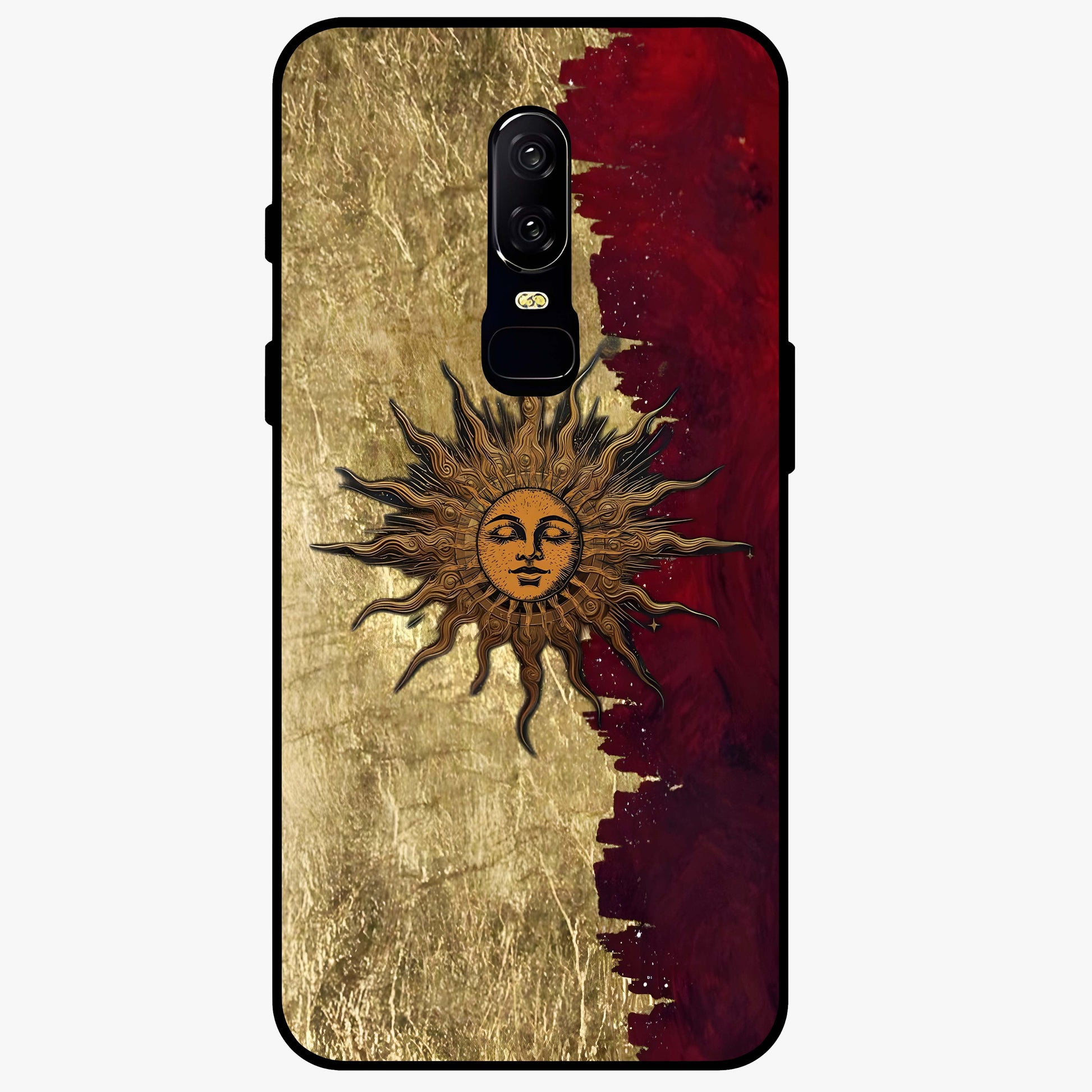 Crimson Sun Majesty Glass Case showing flat back view with radiant sun inspired artwork and glossy glass finish.