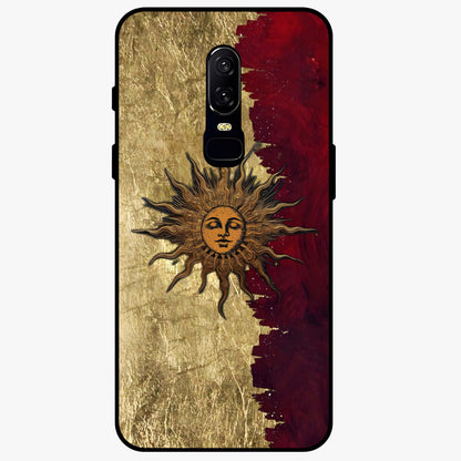 Crimson Sun Majesty Glass Case showing flat back view with radiant sun inspired artwork and glossy glass finish.