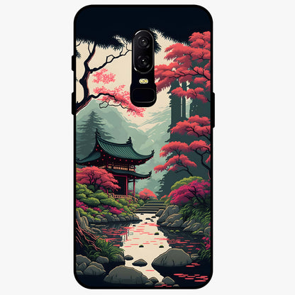 Crimson Temple View Glass Case showing flat back view with temple inspired artwork and glossy glass finish.