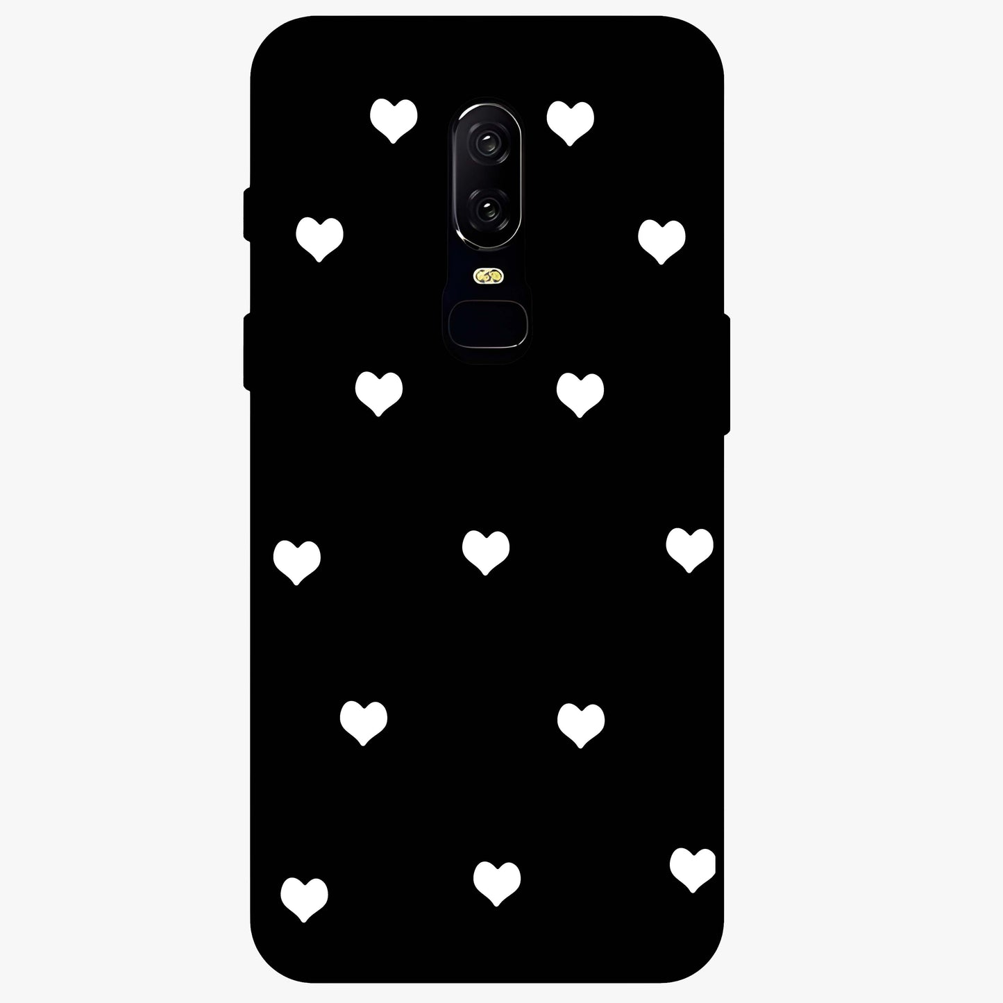 Cute And Simple White Hearts Glass Case showing flat back view with minimal white heart pattern and glossy glass finish.