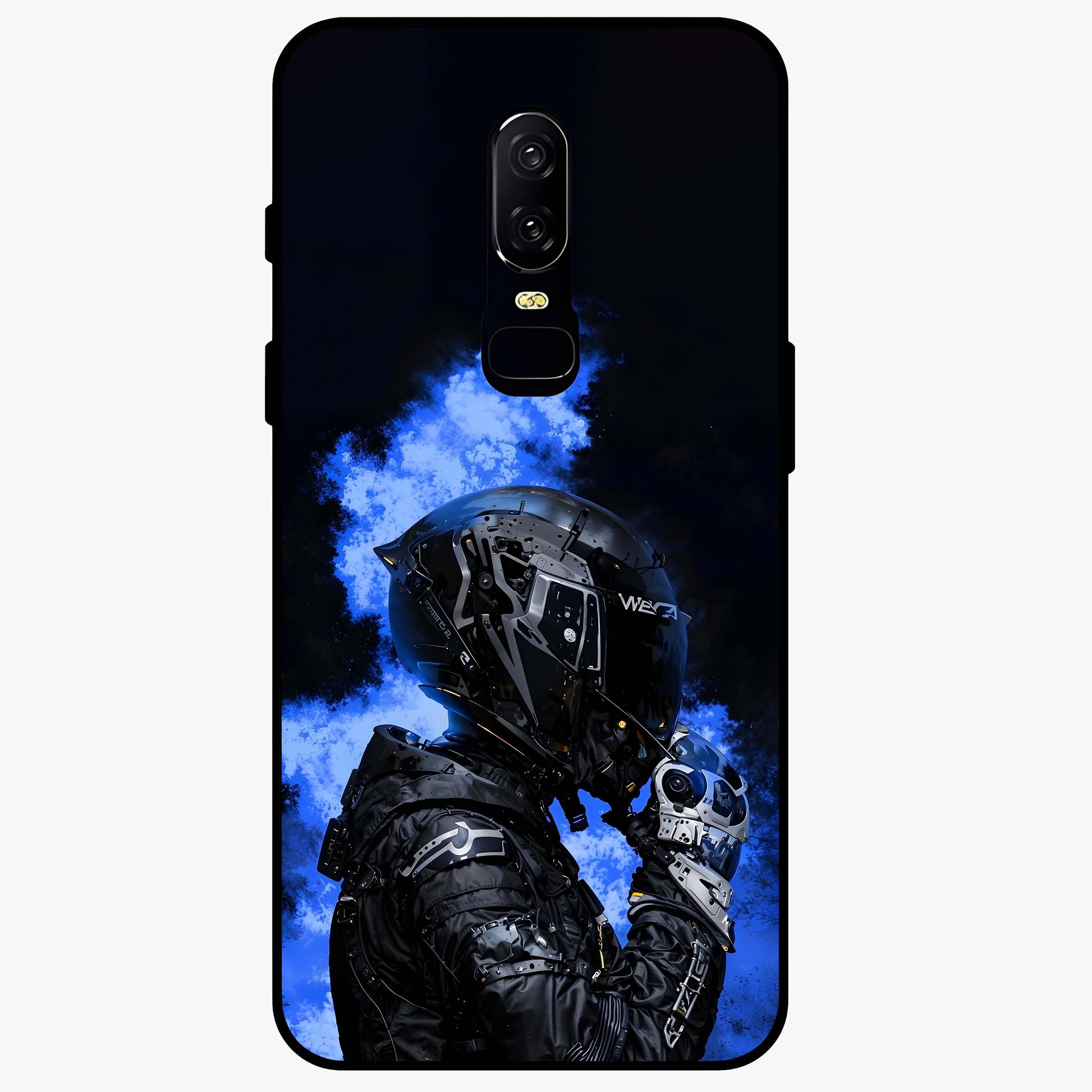 Cyber Sentinel Protocol Glass Case showing flat back view with futuristic cyber themed artwork and glossy glass finish.