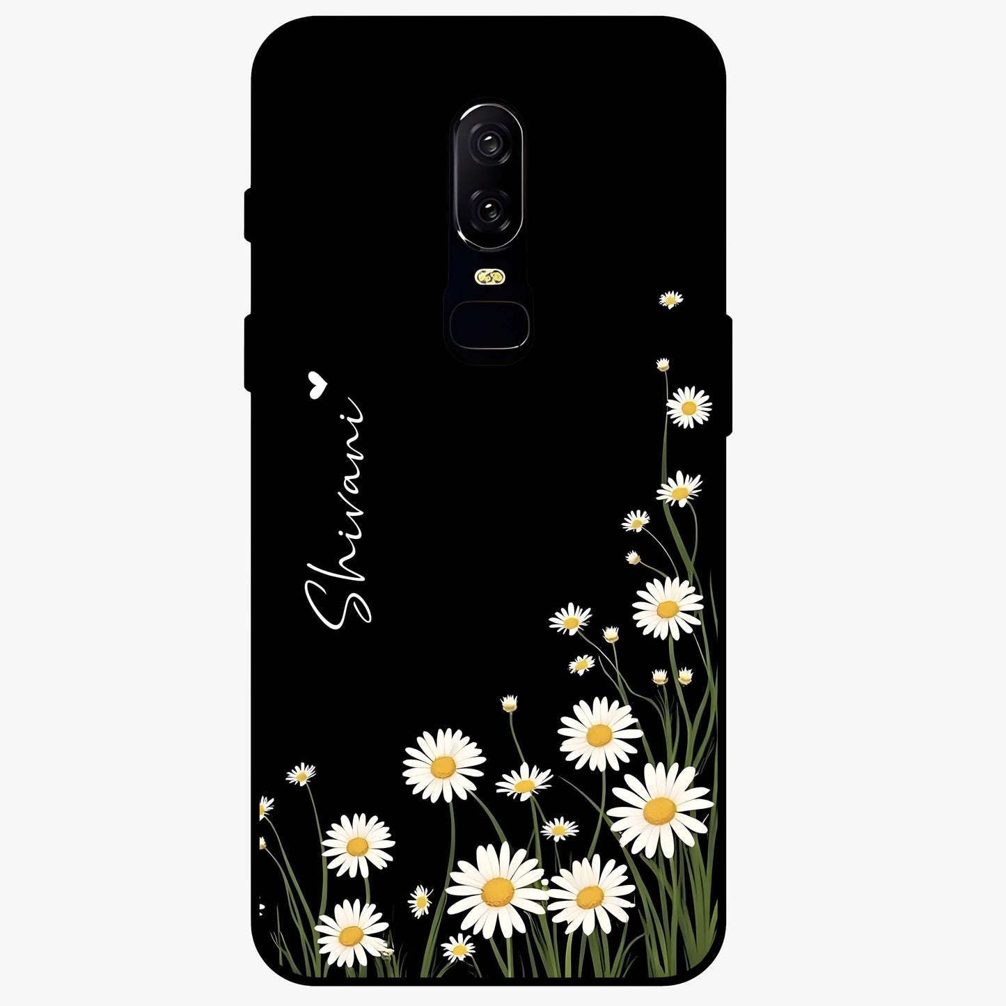 Daisy Cascade Custom Name Glass Case showing flat back view with cascading daisy flowers and personalized name design.
