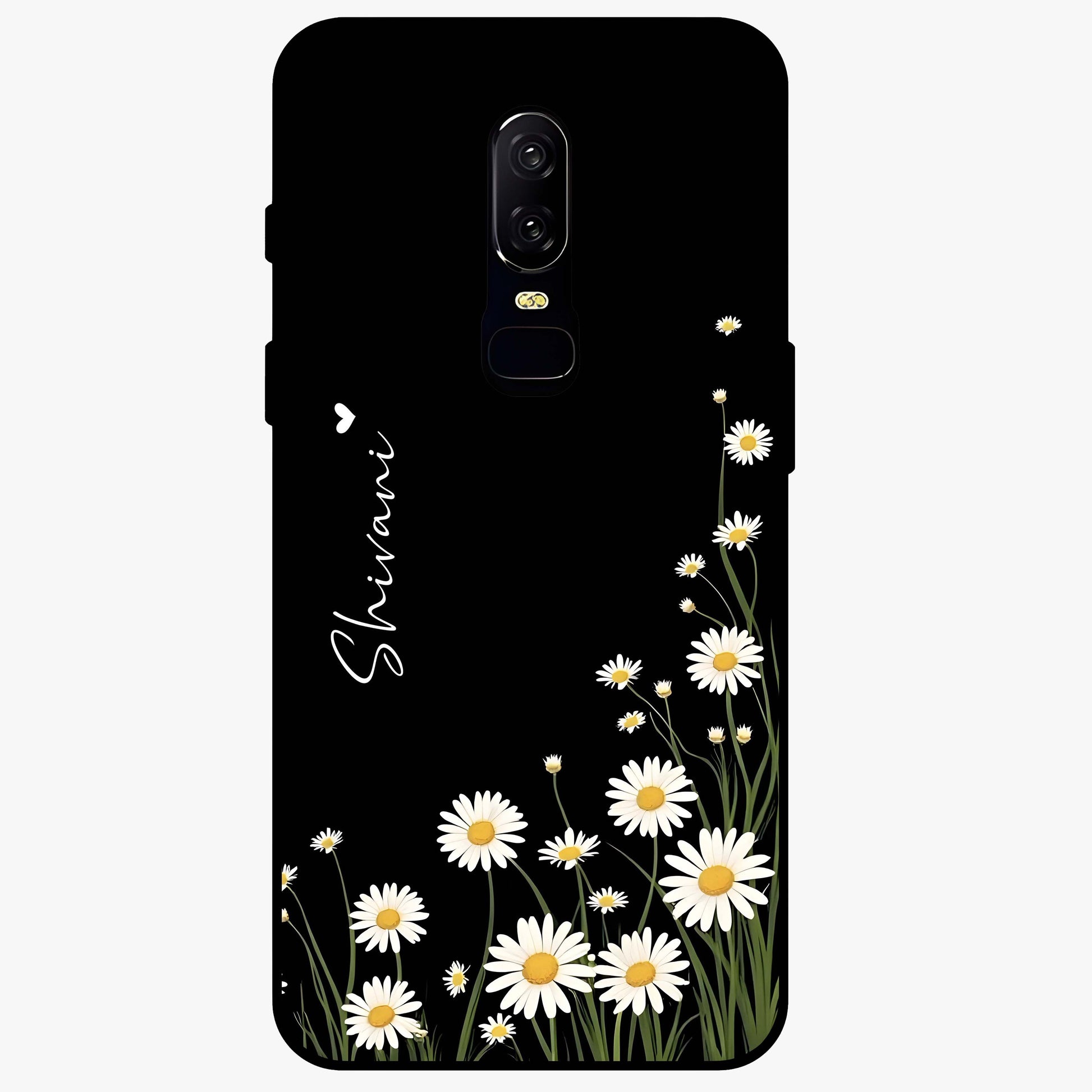 Daisy Cascade Custom Name Glass Case showing flat back view with cascading daisy flowers and personalized name design.