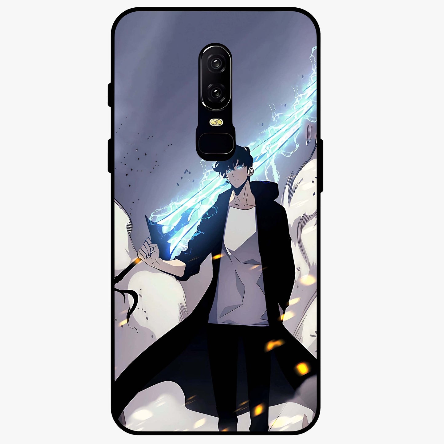 Dark Lightning Anime Warrior Glass Case showing flat back view with intense anime warrior artwork and glossy glass finish.
