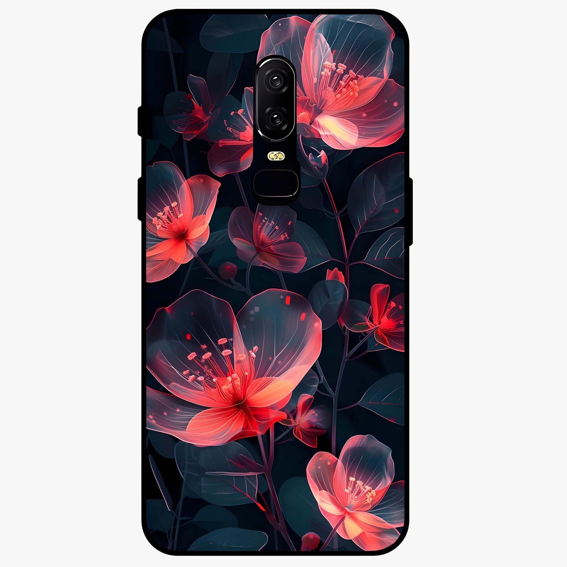 Dark Shade of Flower Glass Case showing flat back view with elegant dark floral artwork and glossy glass finish.