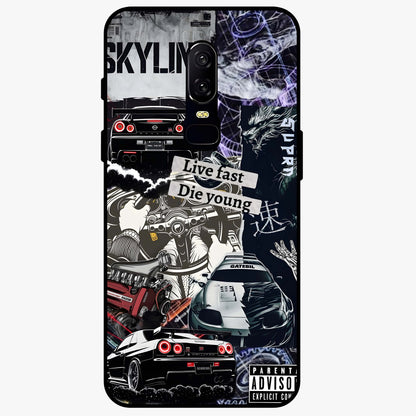 Die Young Glass Case showing flat back view with bold artistic typography design and glossy glass finish.