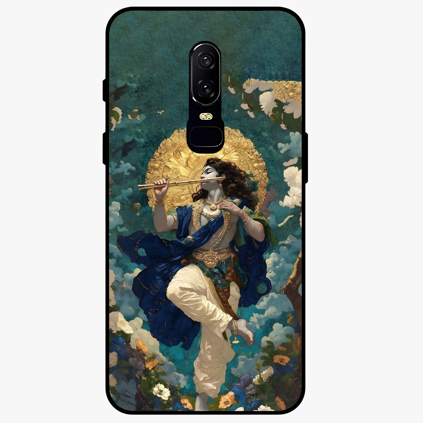 Divine Krishna Art Glass Case showing flat back view with Lord Krishna artwork and glossy glass finish.