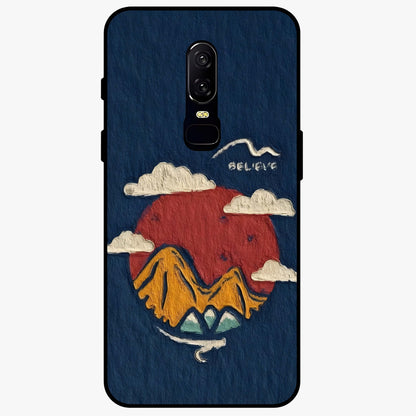 Dream Beyond Mountains Glass Case showing flat back view with scenic mountain landscape artwork and glossy glass finish.