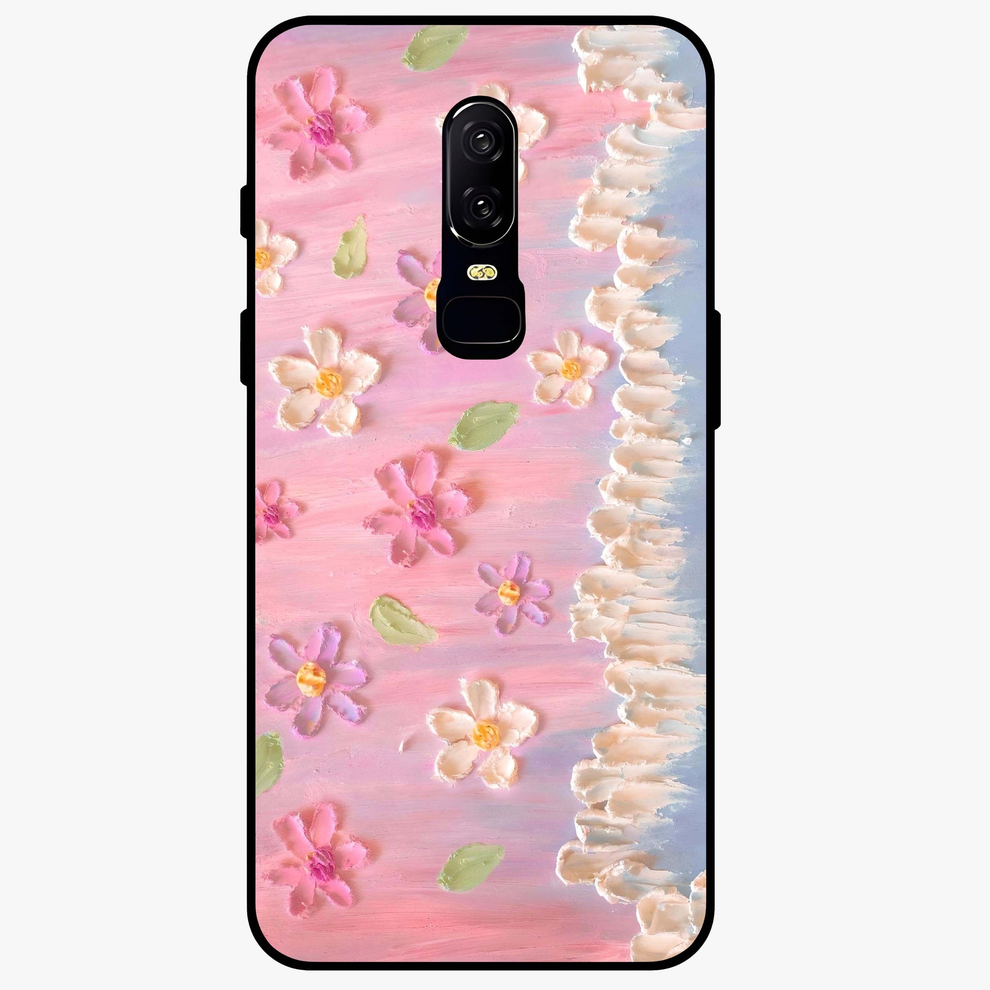 Dreamy Painted Garden Glass Case showing flat back view with artistic painted floral garden artwork and glossy glass finish.
