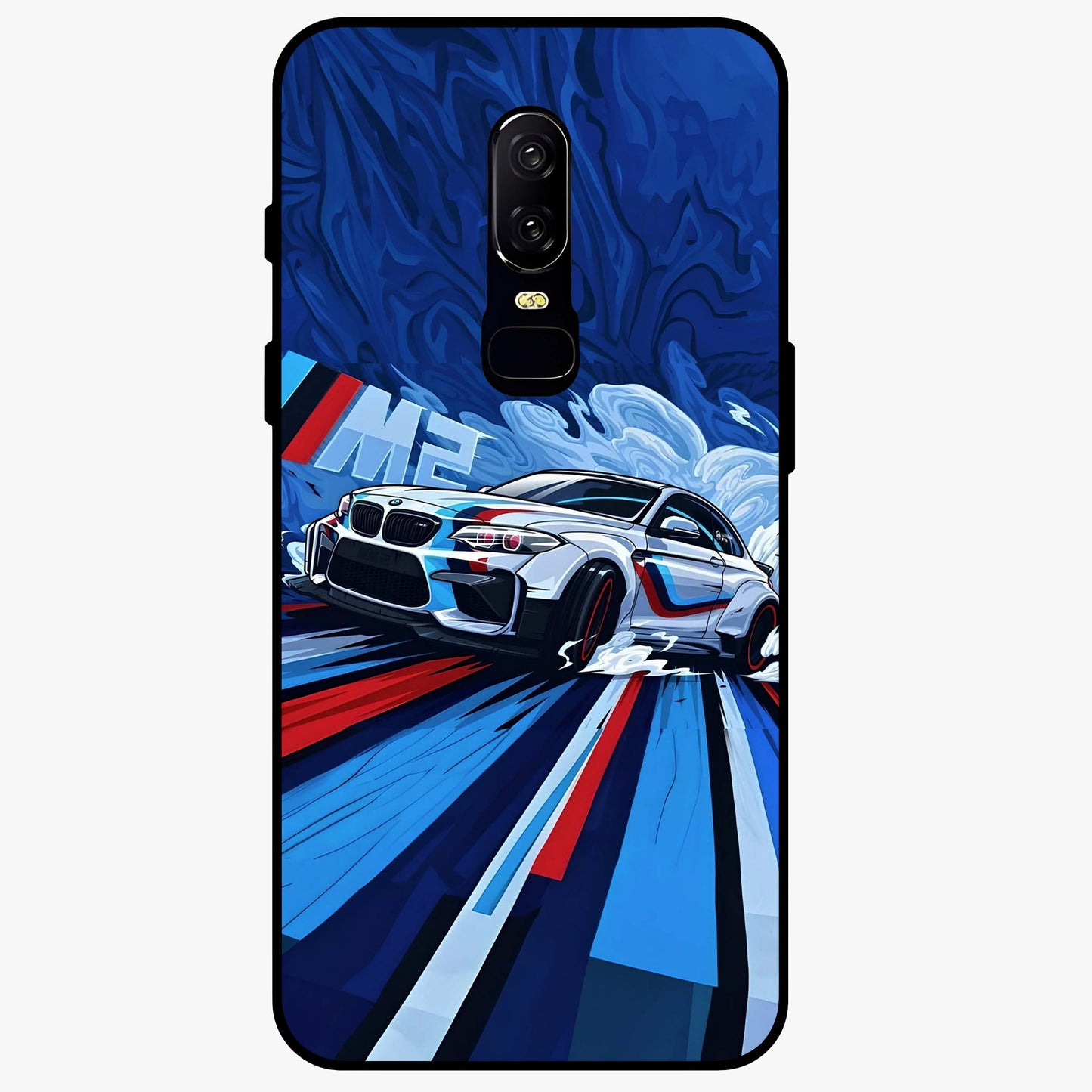 Drift Power Rush Glass Case showing flat back view with dynamic racing inspired artwork and glossy glass finish.
