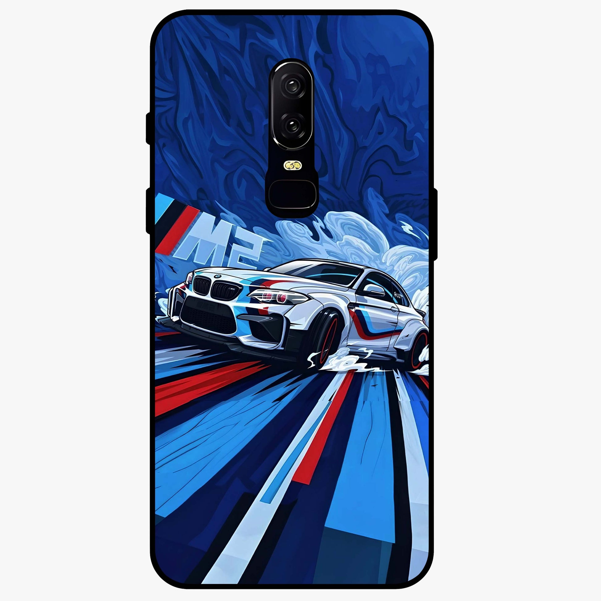 Drift Power Rush Glass Case showing flat back view with dynamic racing inspired artwork and glossy glass finish.