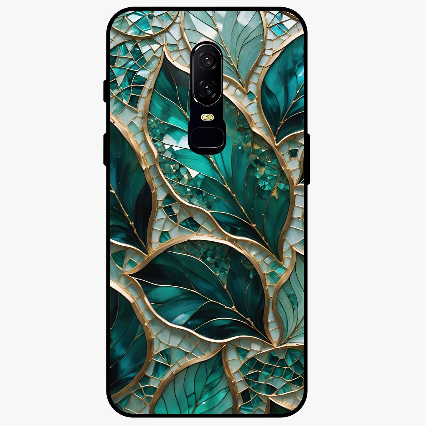 Emerald Leaf Glass Glass Case showing flat back view with emerald green leaf artwork and glossy glass finish.