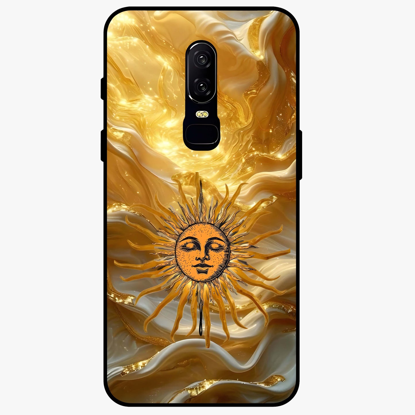 Eternal Golden Glow Glass Case showing flat back view with radiant golden themed artwork and glossy glass finish.