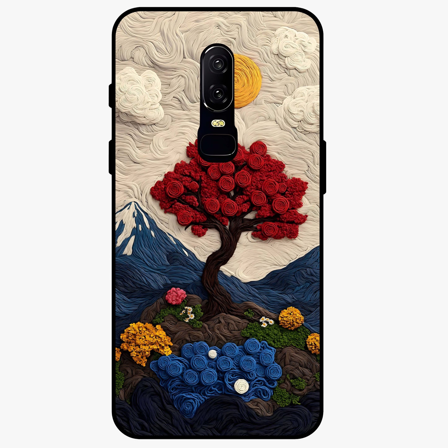 Eternal Nature Tapestry Glass Case showing flat back view with intricate nature tapestry artwork and glossy glass finish.