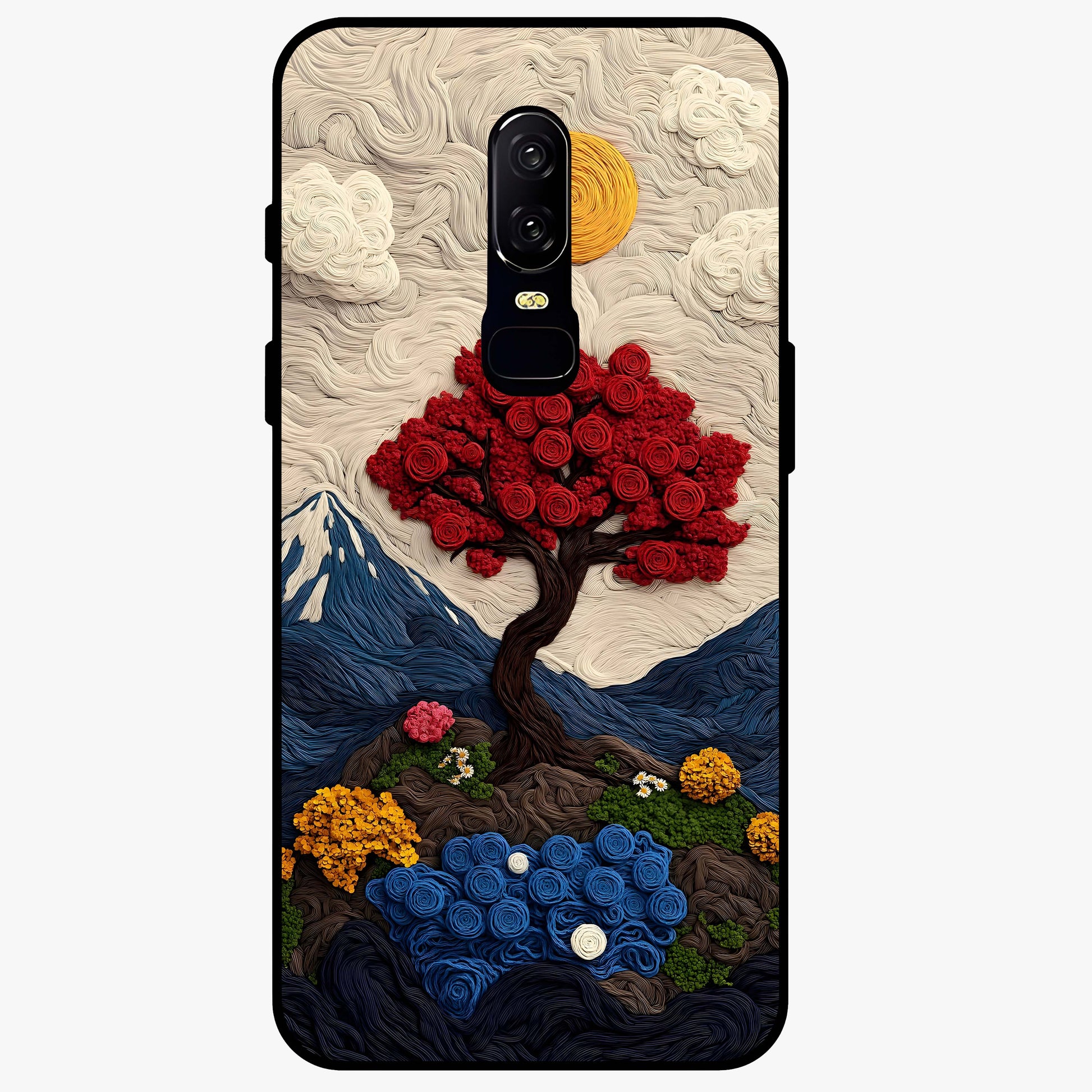 Eternal Nature Tapestry Glass Case showing flat back view with intricate nature tapestry artwork and glossy glass finish.