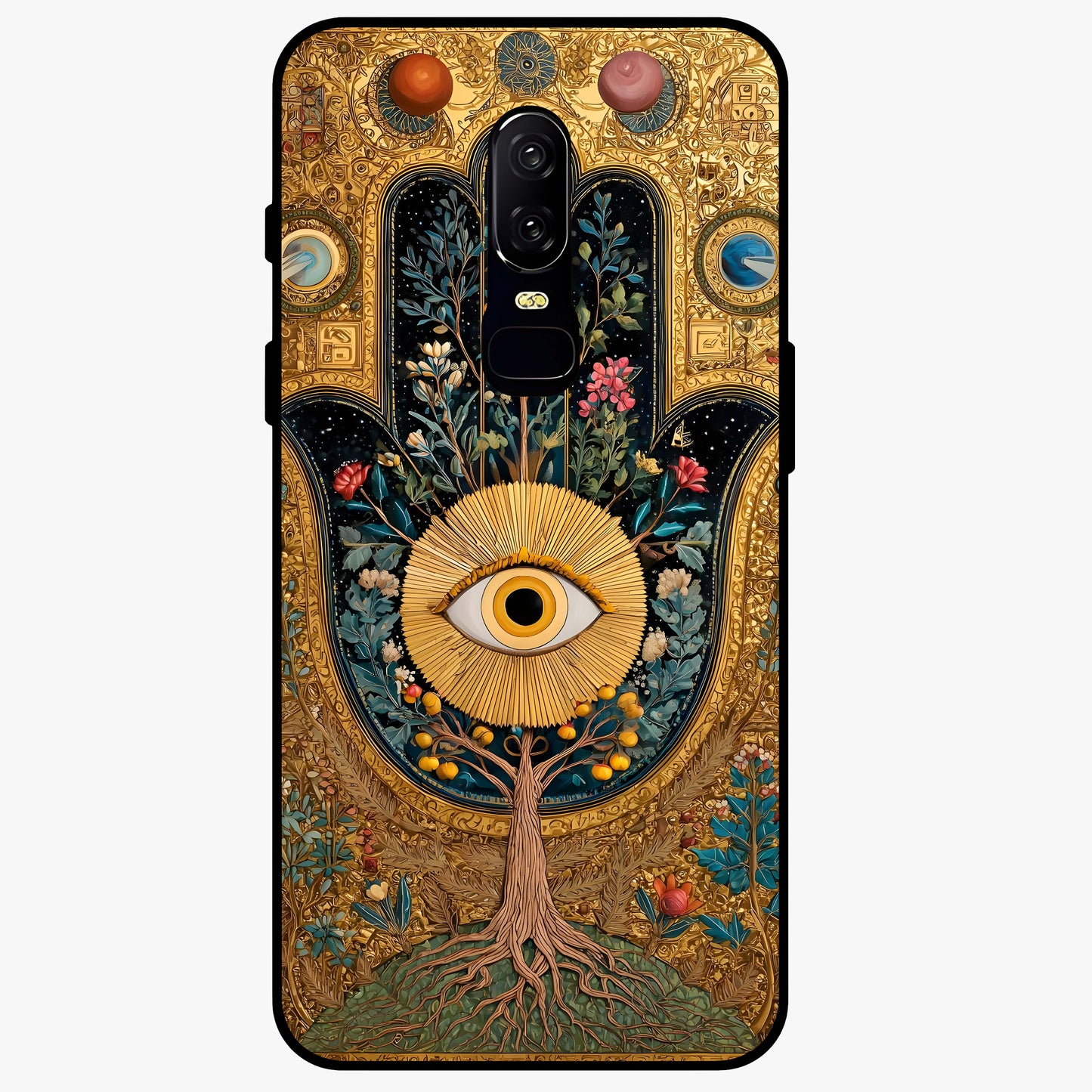 Ethereal Evil Eye Glass Case showing flat back view with mystical evil eye artwork and glossy glass finish.