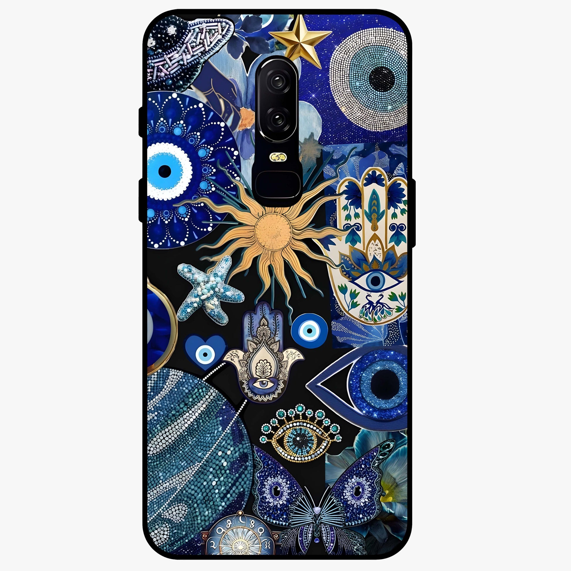 Evil Eye Charm Mix Glass Case showing flat back view with multiple evil eye charms artwork and glossy glass finish.
