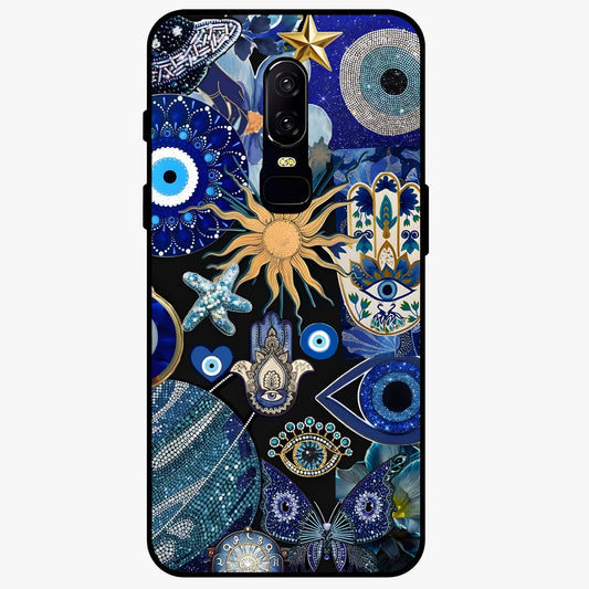 Evil Eye Charm Mix Glass Case showing flat back view with multiple evil eye charms artwork and glossy glass finish.