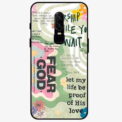 Faith Over Fear Glass Case showing flat back view with motivational typography artwork and glossy glass finish.