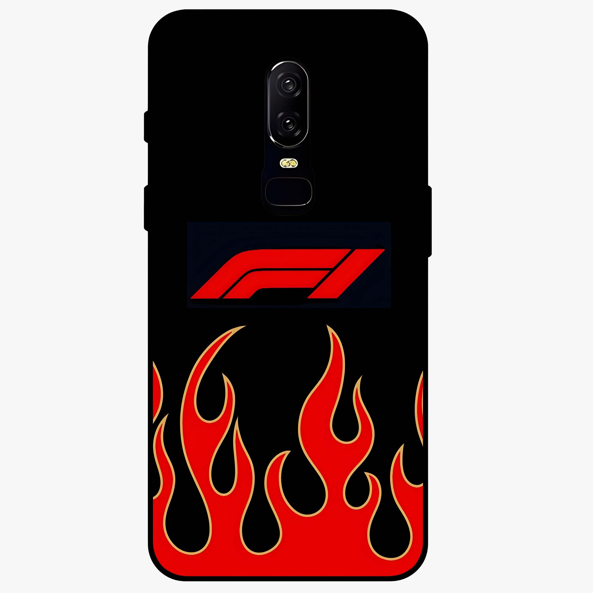 Fire F11 Glass Case showing flat back view with fiery themed artwork and glossy glass finish.