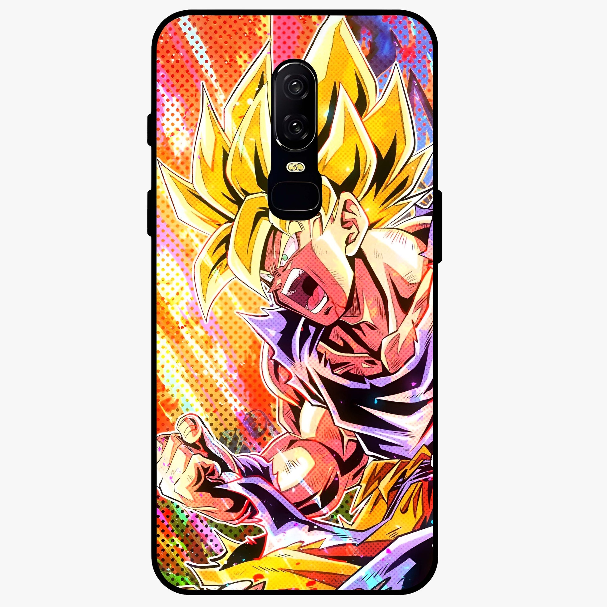 Firing Goku Glass Case showing flat back view with powerful anime inspired artwork and glossy glass finish.