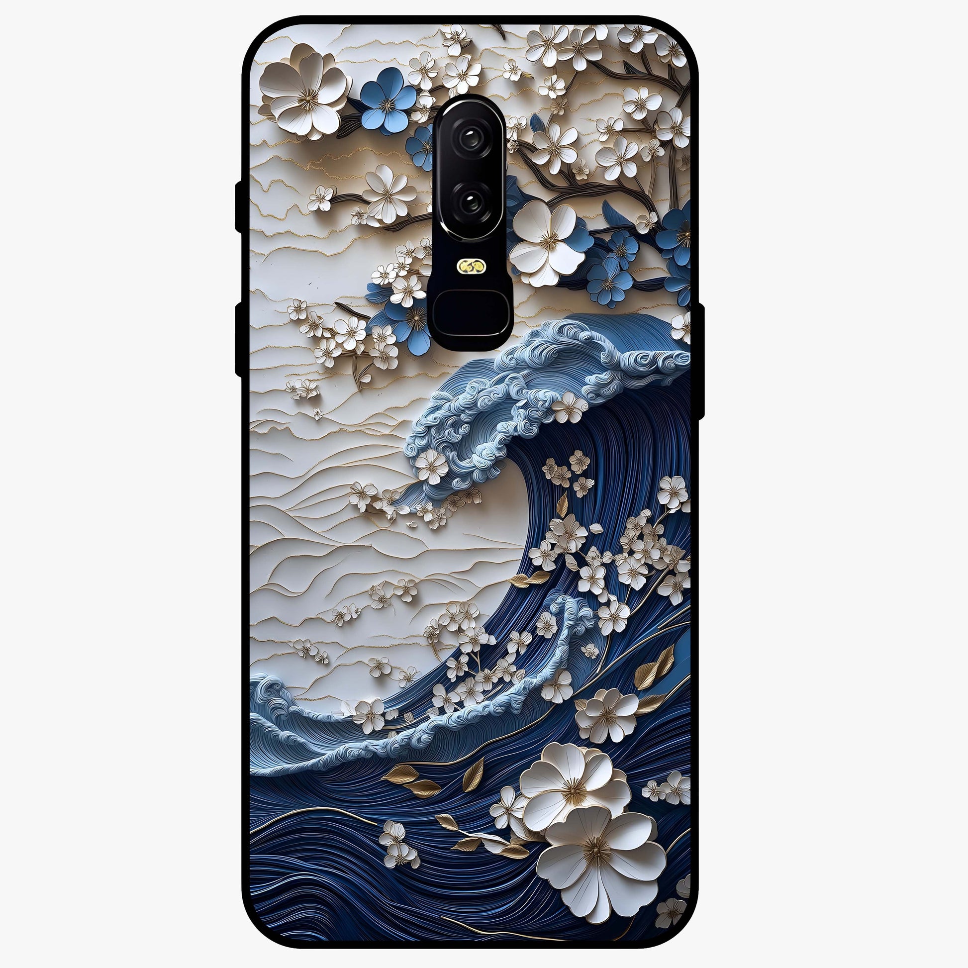 Floral Wave Origami Glass Case showing flat back view with origami inspired floral wave artwork and glossy glass finish.