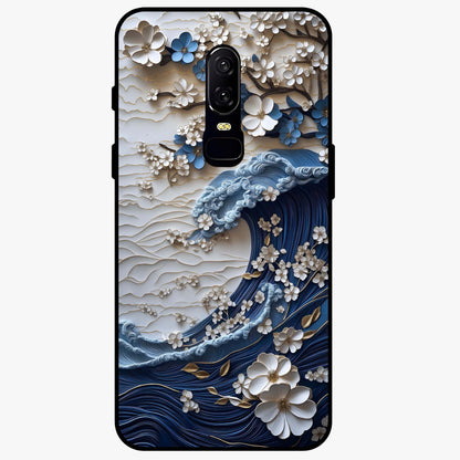 Floral Wave Origami Glass Case showing flat back view with origami inspired floral wave artwork and glossy glass finish.