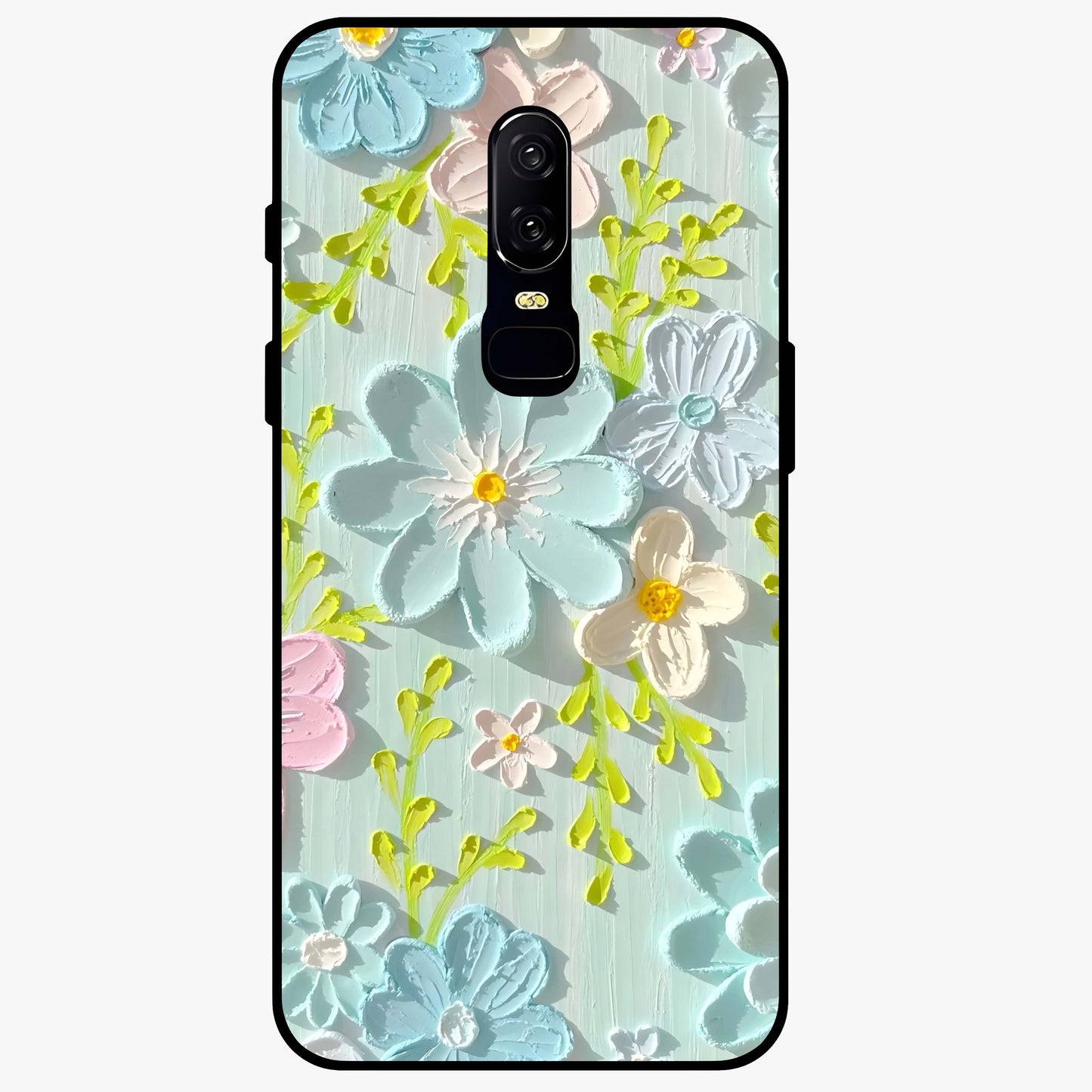 Frosted Petal Garden Glass Case showing flat back view with soft frosted floral artwork and glossy glass finish.
