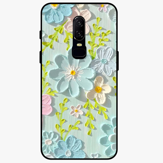 Frosted Petal Garden Glass Case showing flat back view with soft frosted floral artwork and glossy glass finish.