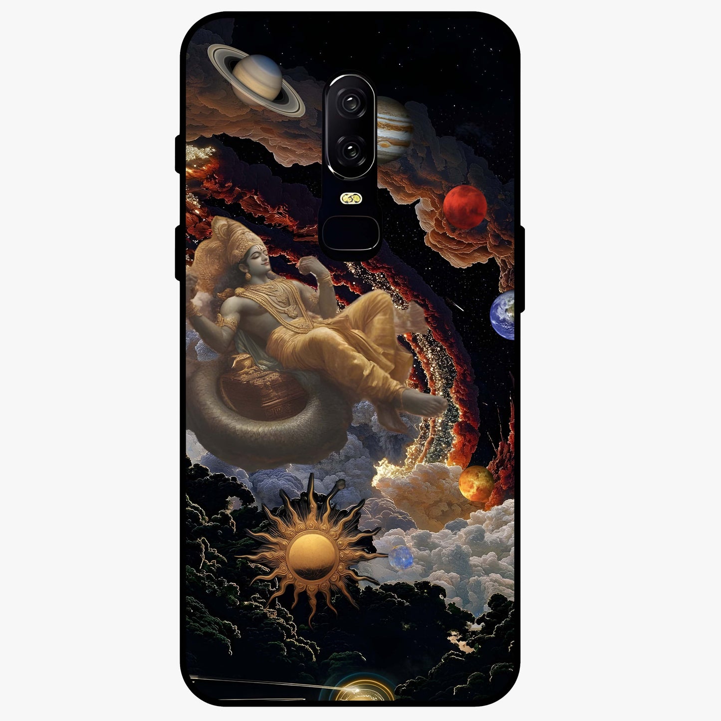 Galactic Divine God Glass Case showing flat back view with divine cosmic themed artwork and glossy glass finish.