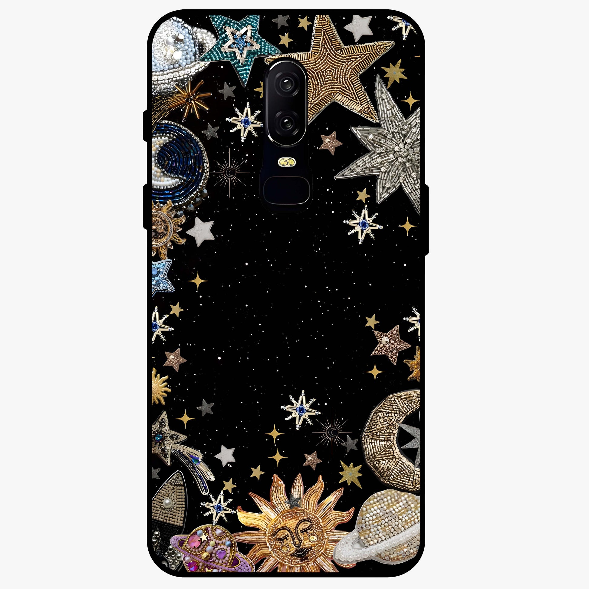Galactic Jewel Stars Glass Case showing flat back view with sparkling star jewel artwork and glossy glass finish.