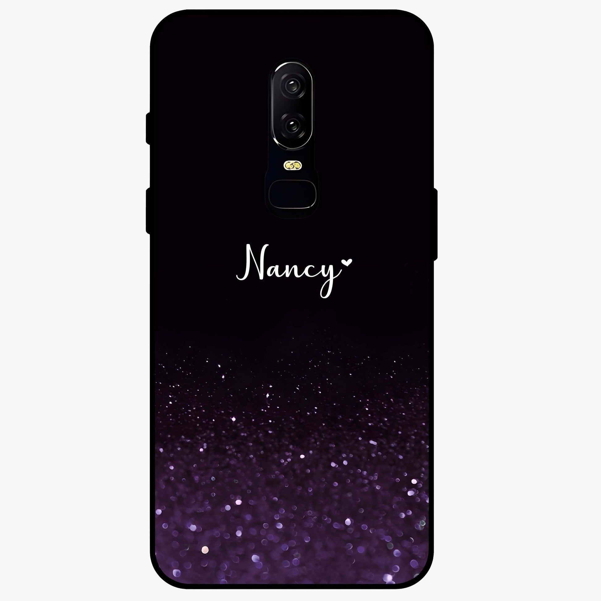 Glittery Purple Bokeh Custom Name Glass Case showing flat back view with purple bokeh sparkle artwork and personalized name design.
