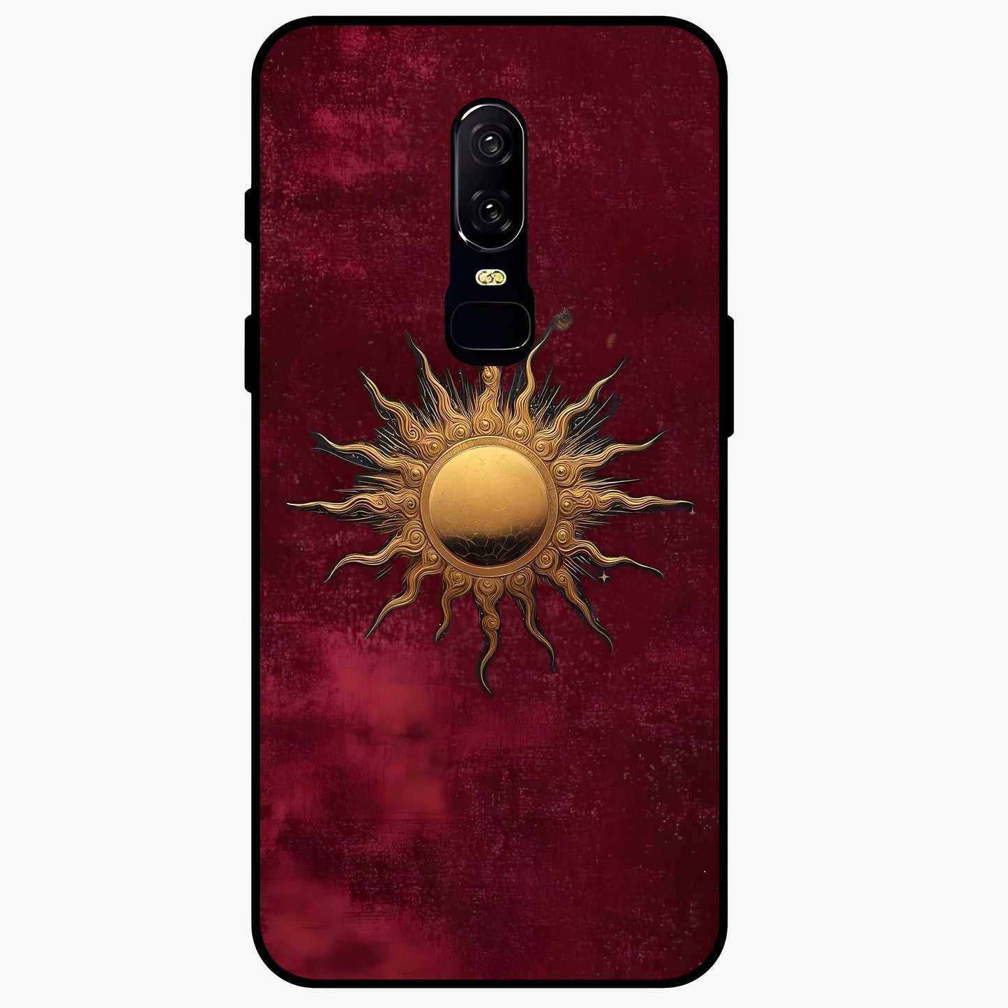 Gold Sun Blush Glass Case showing flat back view with golden sun inspired artwork and glossy glass finish.
