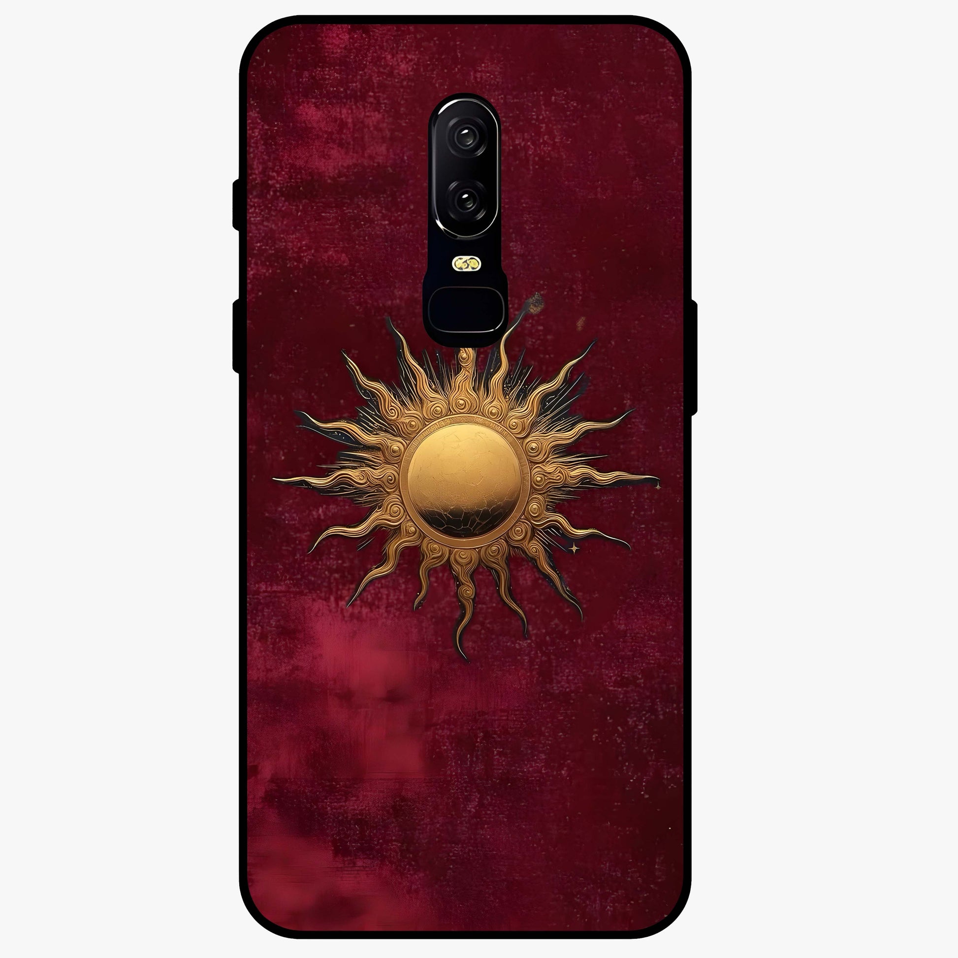 Gold Sun Blush Glass Case showing flat back view with golden sun inspired artwork and glossy glass finish.