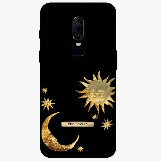 Golden Celestial Charm Glass Case showing flat back view with golden celestial charm artwork and glossy glass finish.