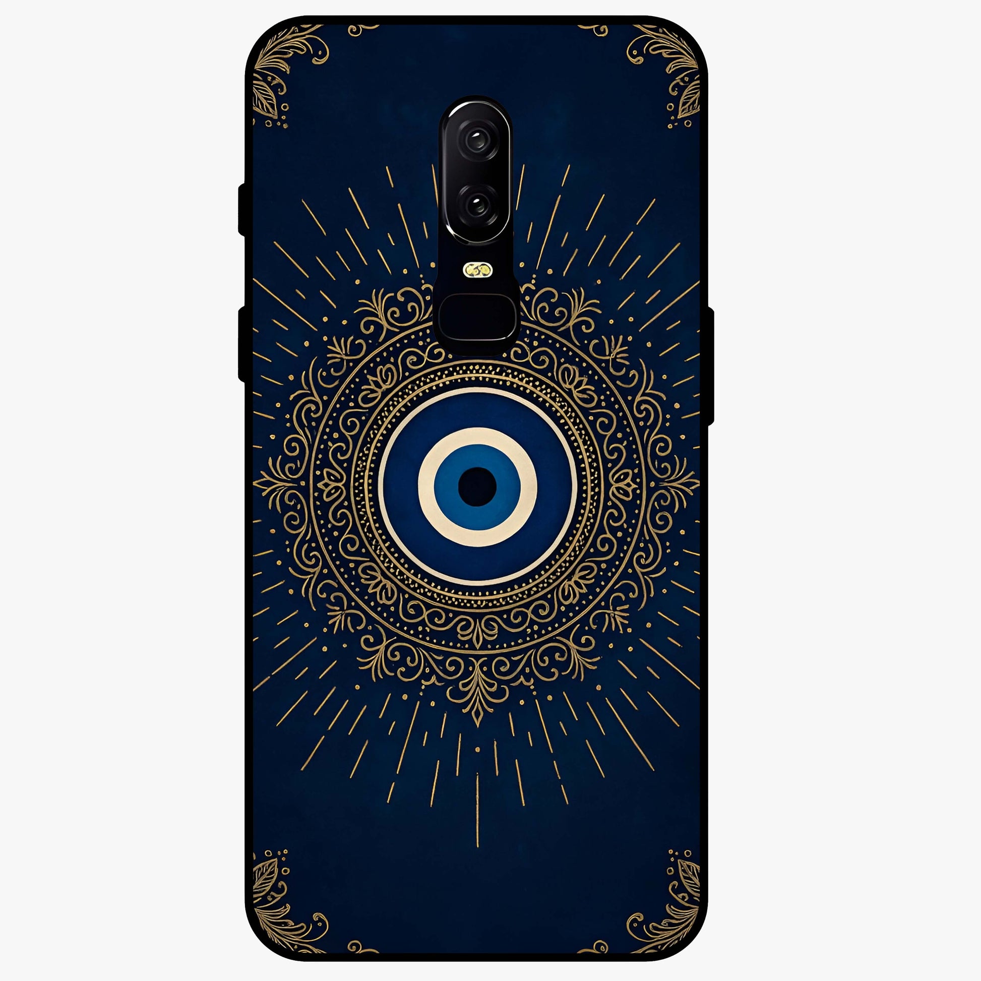 Golden Evil Eye Mandala Glass Case showing flat back view with intricate evil eye mandala artwork and glossy glass finish.