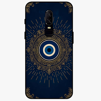 Golden Evil Eye Mandala Glass Case showing flat back view with intricate evil eye mandala artwork and glossy glass finish.