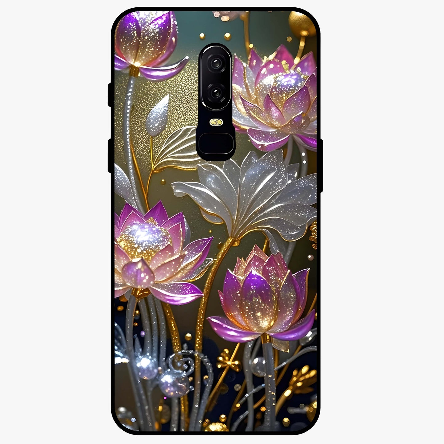 Golden Lotus Glow Glass Case showing flat back view with glowing lotus flower artwork and glossy glass finish.