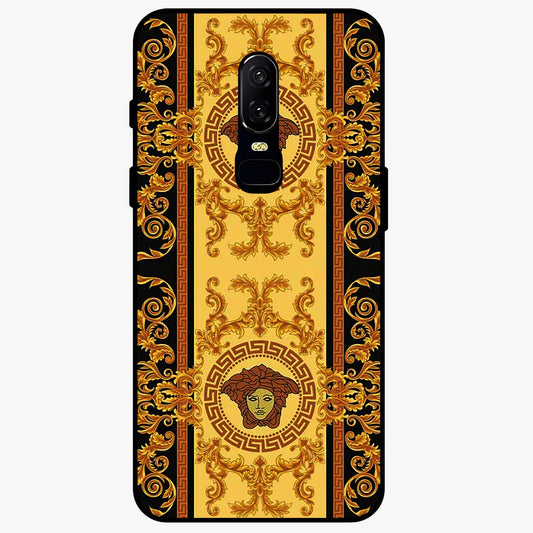 Golden Royal Heritage Glass Case showing flat back view with ornate royal pattern artwork and glossy glass finish.