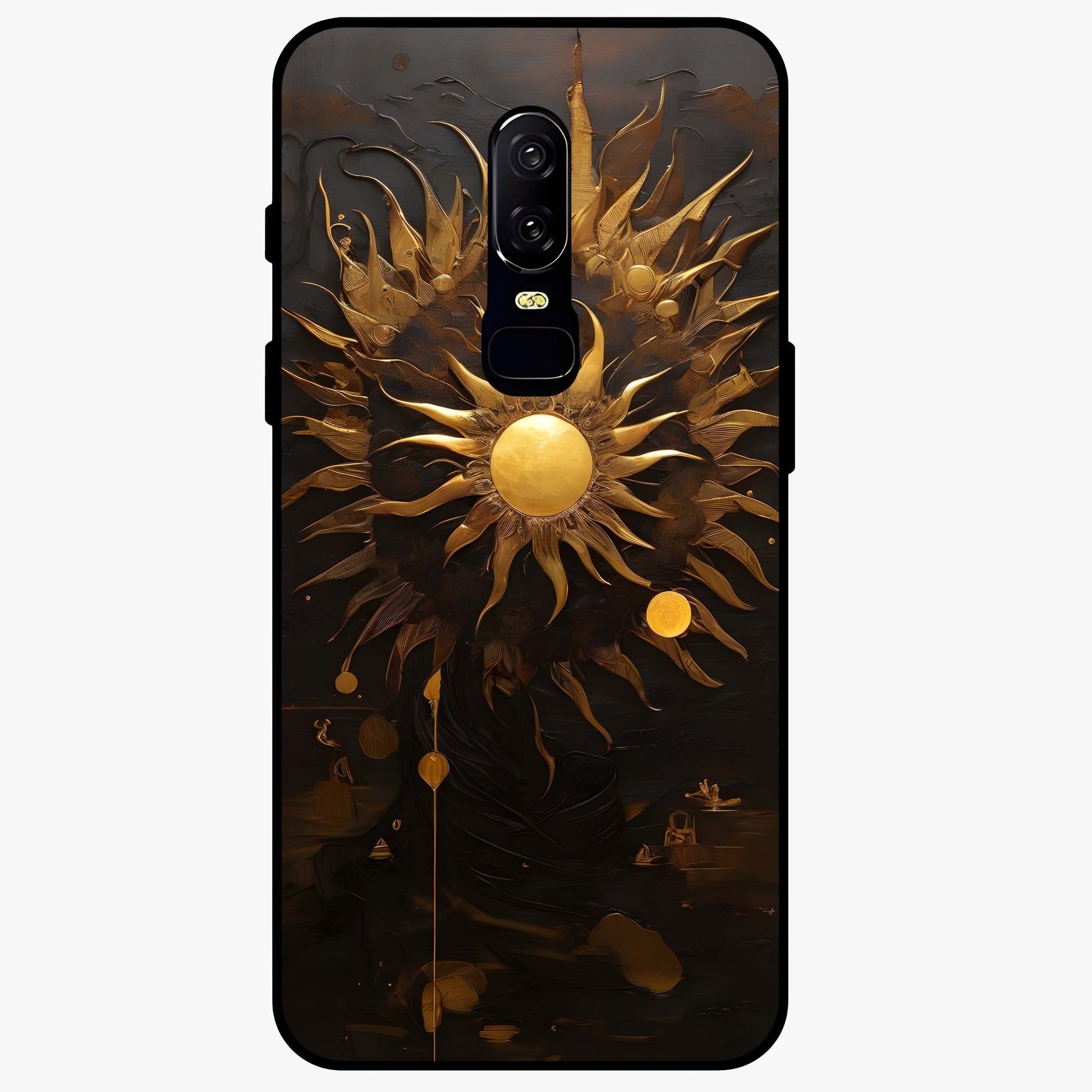 Golden Sun Majesty Glass Case showing flat back view with radiant golden sun artwork and glossy glass finish.