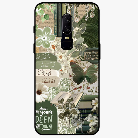 Green Islamic Books Quotes Glass Case showing flat back view with Islamic quotes and book themed artwork and glossy glass finish.