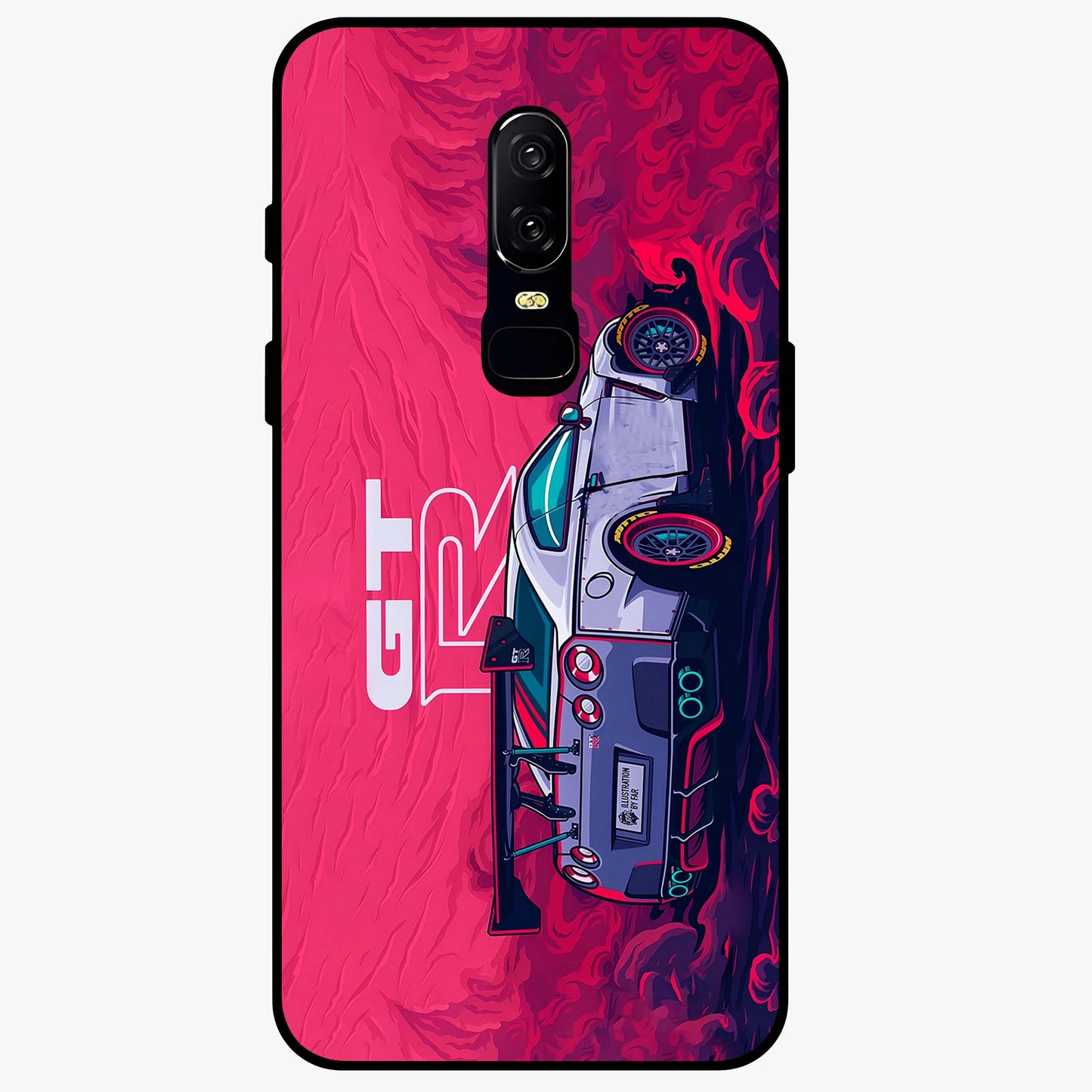 GT-R Car Pattern Glass Case showing flat back view with sporty car inspired pattern artwork and glossy glass finish.