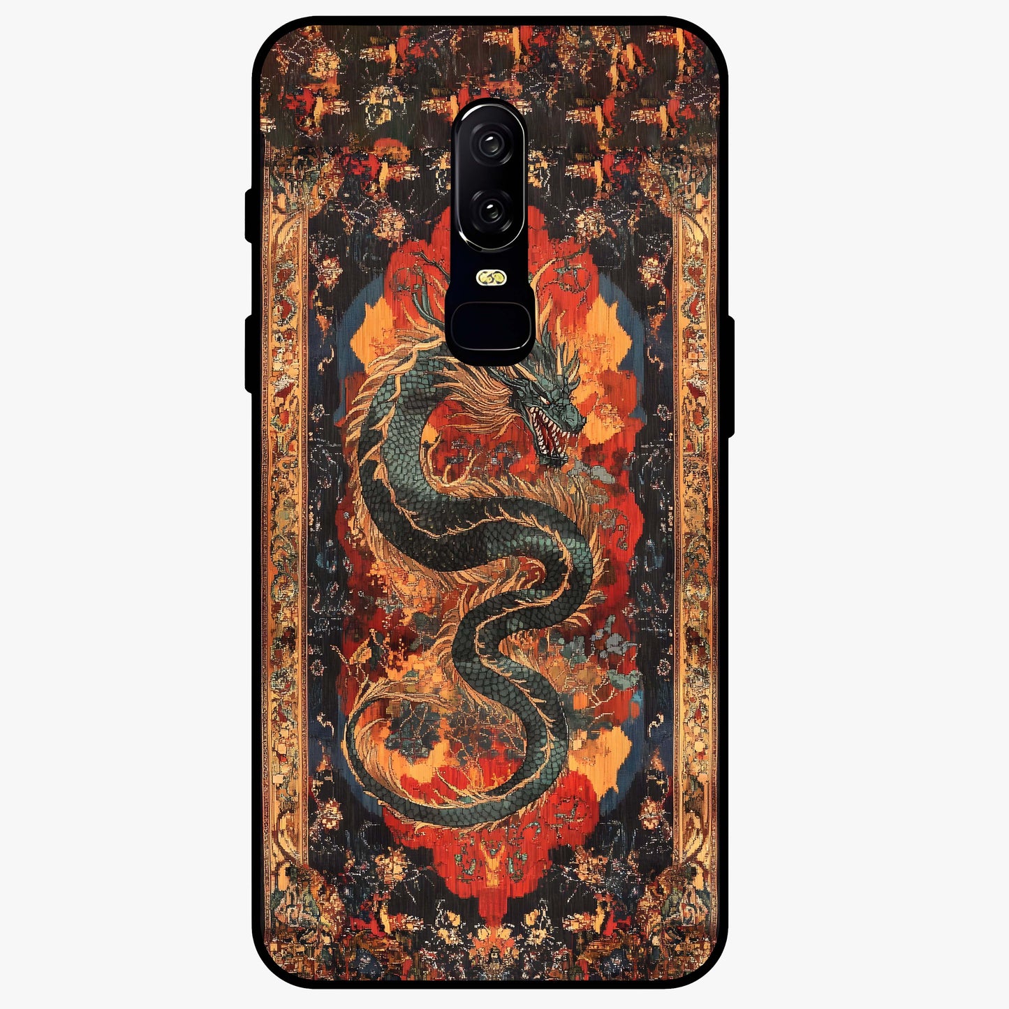 Inferno Dragon Soul Glass Case showing flat back view with fiery dragon artwork and glossy glass finish.