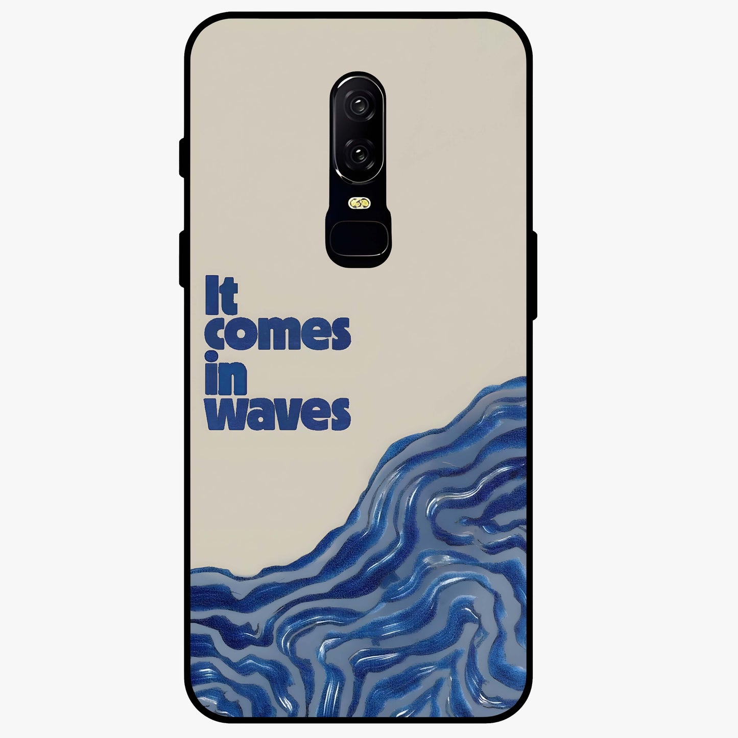 It Comes In Waves Quote Glass Case showing flat back view with inspirational wave themed quote artwork and glossy glass finish.