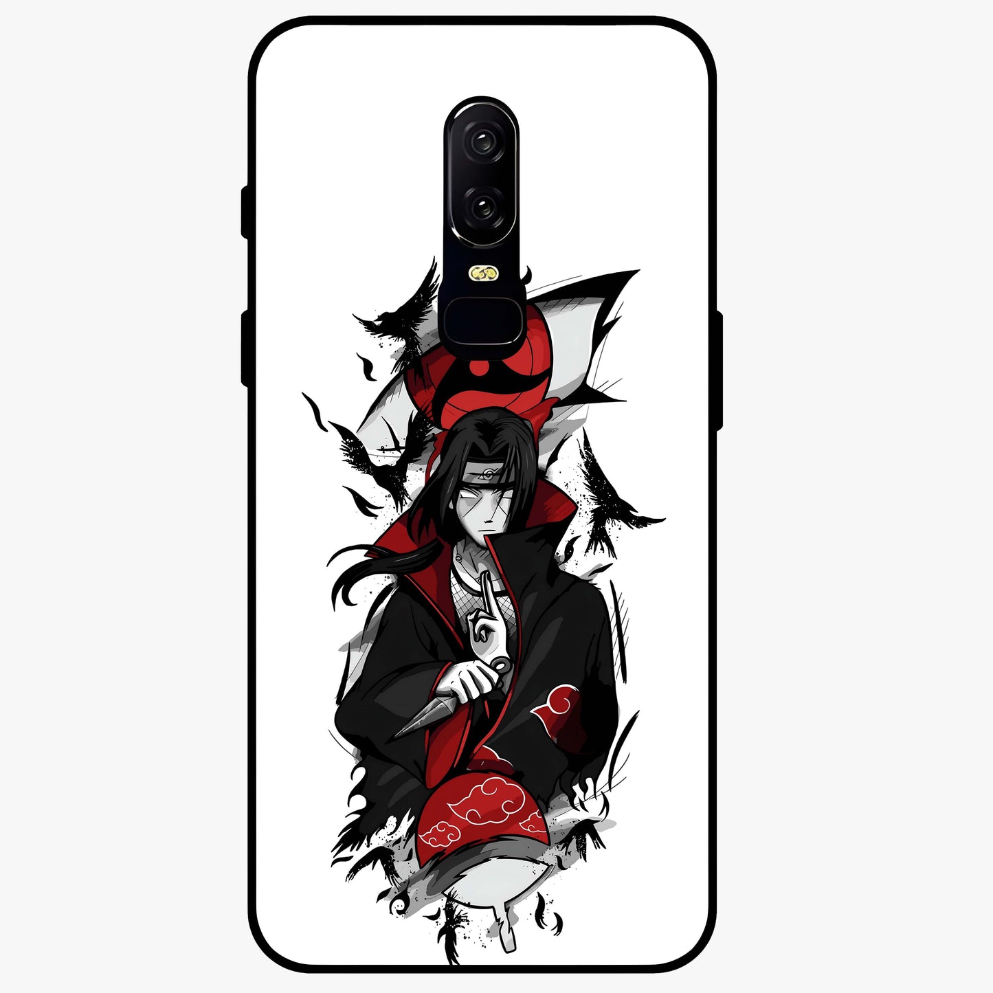 Itachi Sharingan Glass Case showing flat back view with powerful anime eye artwork and glossy glass finish.