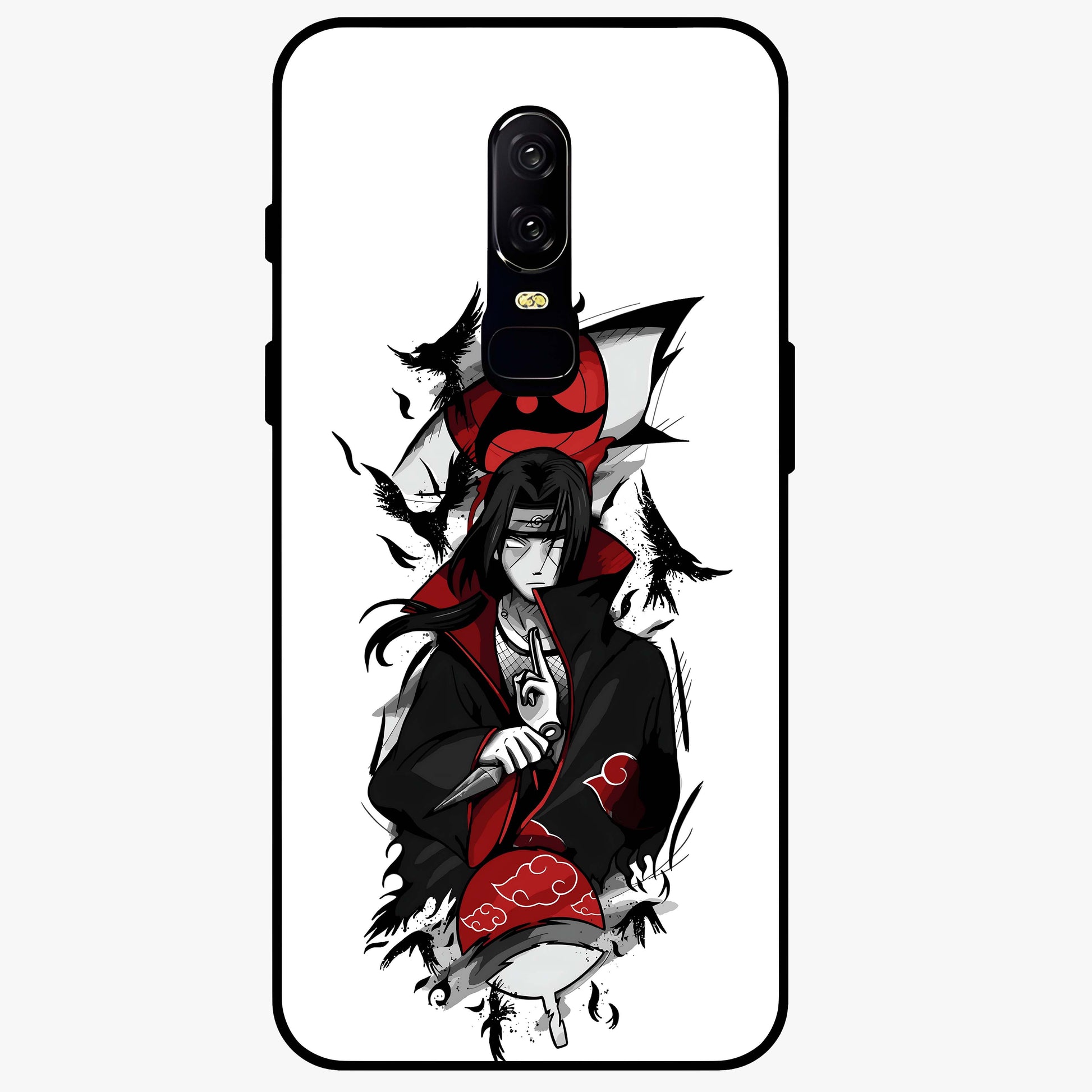 Itachi Sharingan Glass Case showing flat back view with powerful anime eye artwork and glossy glass finish.