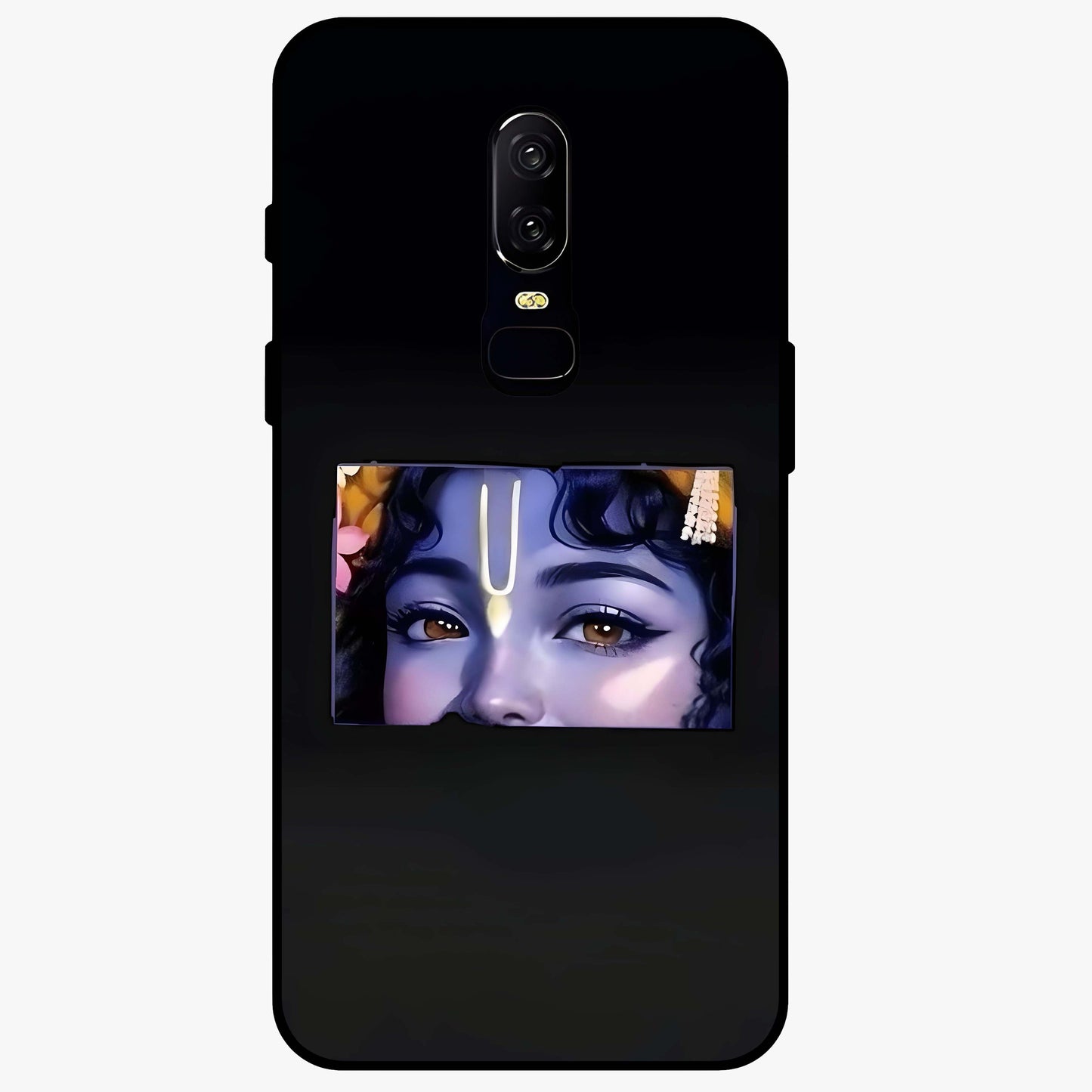 Krishna Divine Embrace Glass Case showing flat back view with Lord Krishna devotional artwork and glossy glass finish.