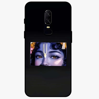 Krishna Divine Embrace Glass Case showing flat back view with Lord Krishna devotional artwork and glossy glass finish.
