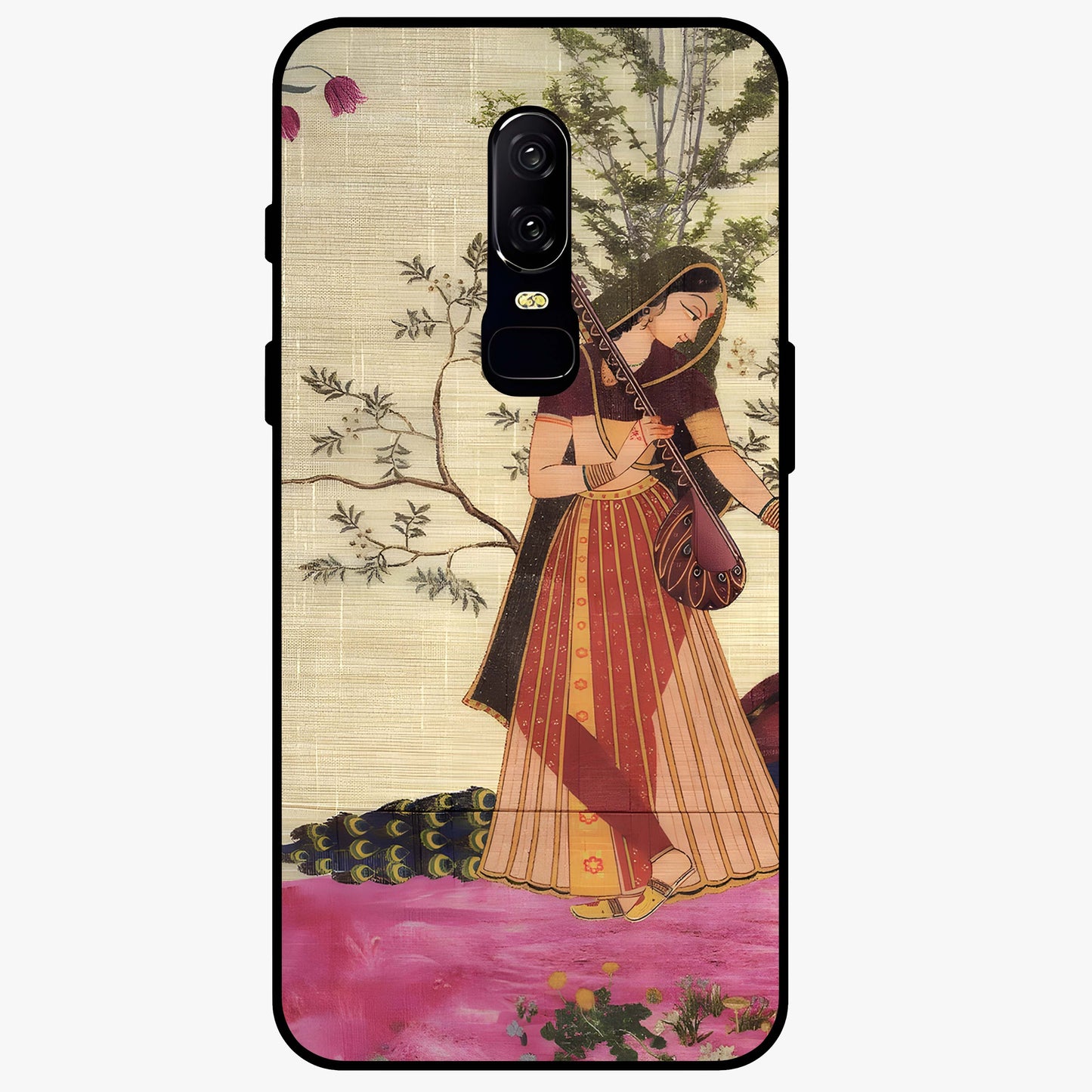 Lady With Veena Art Glass Case showing flat back view with elegant woman playing veena artwork and glossy glass finish.