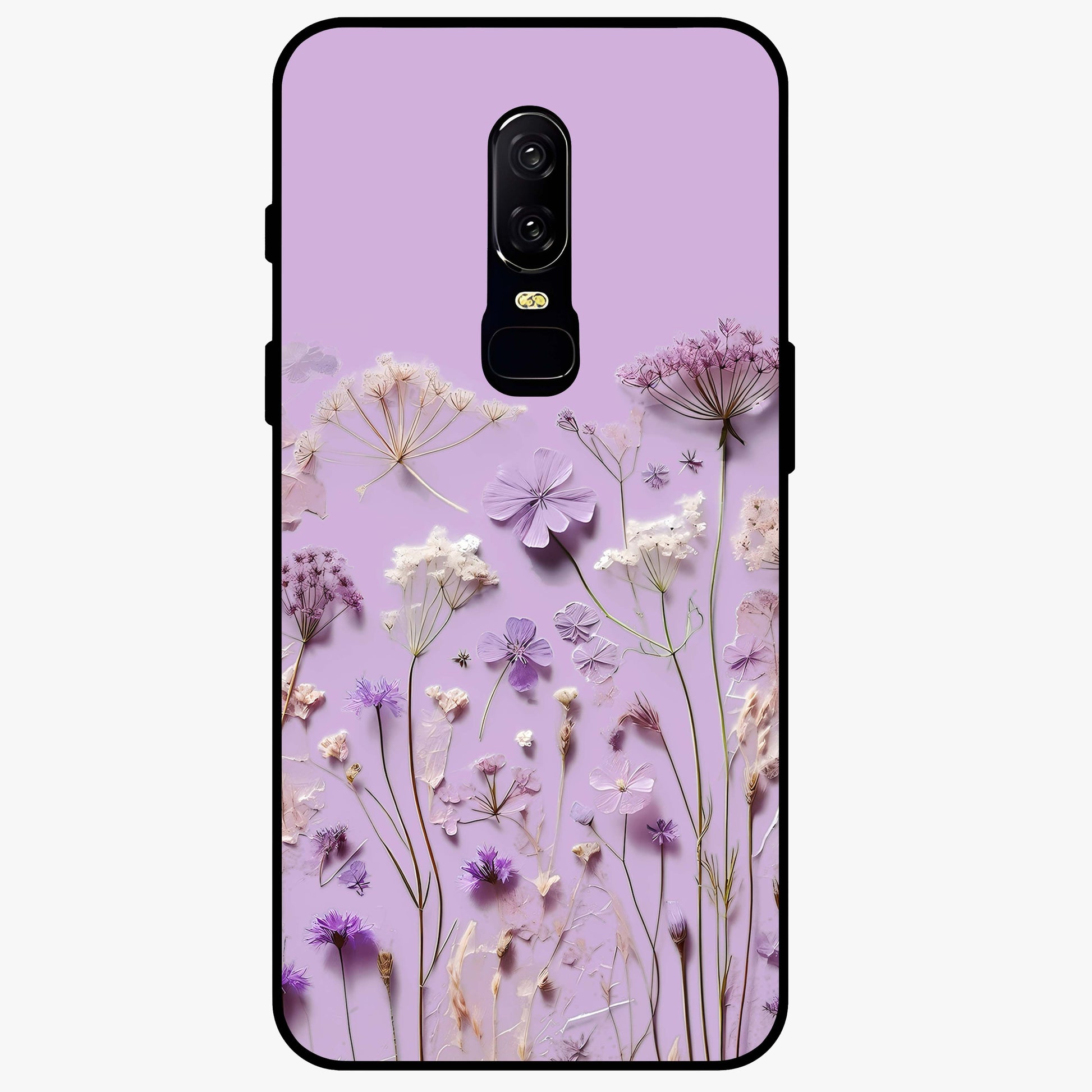 Lavender Blossom Dream Glass Case showing flat back view with soft lavender floral artwork and glossy glass finish.